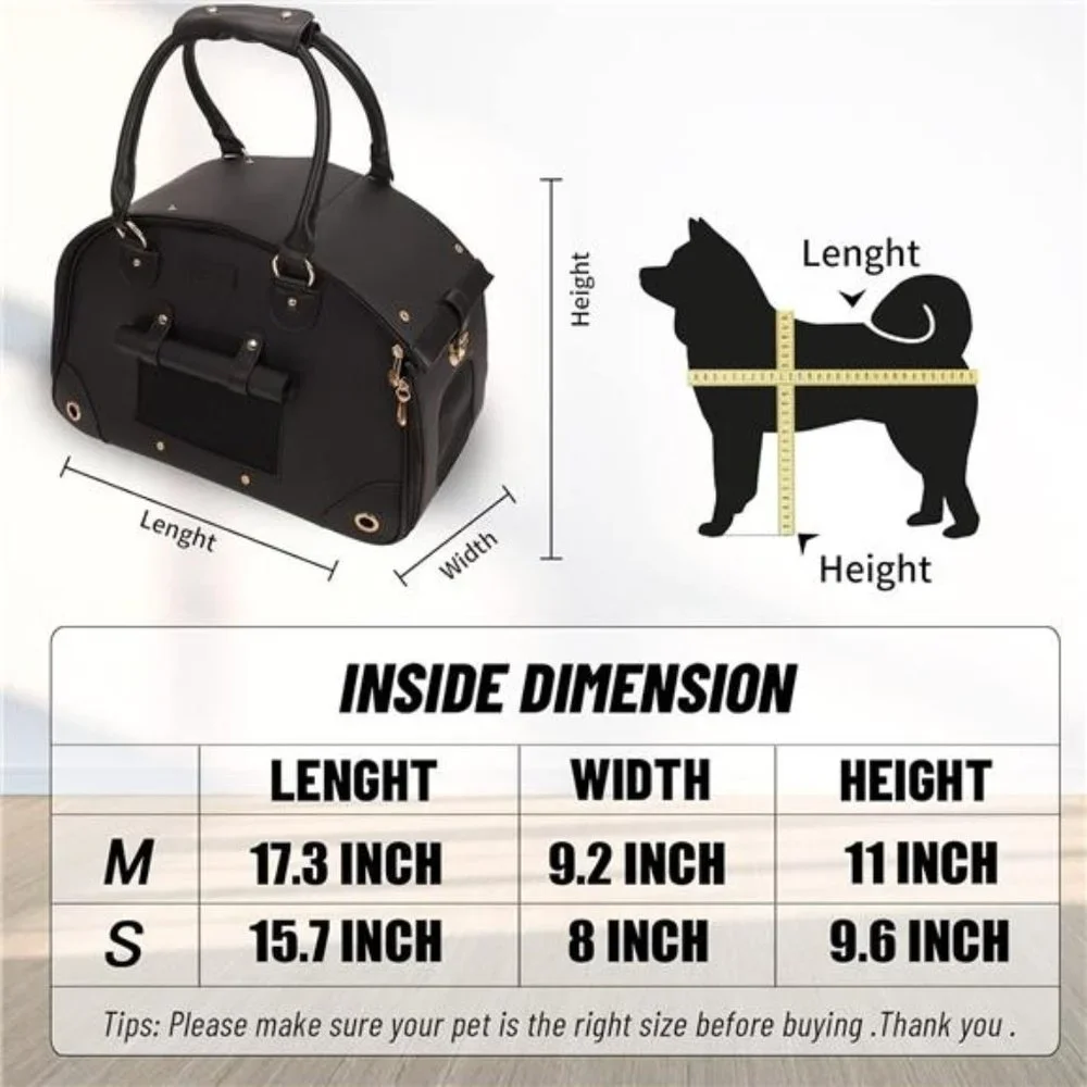 Pet Carrier, Foldable Premium PU Leather Portable Tote Bag, (Black-Medium）